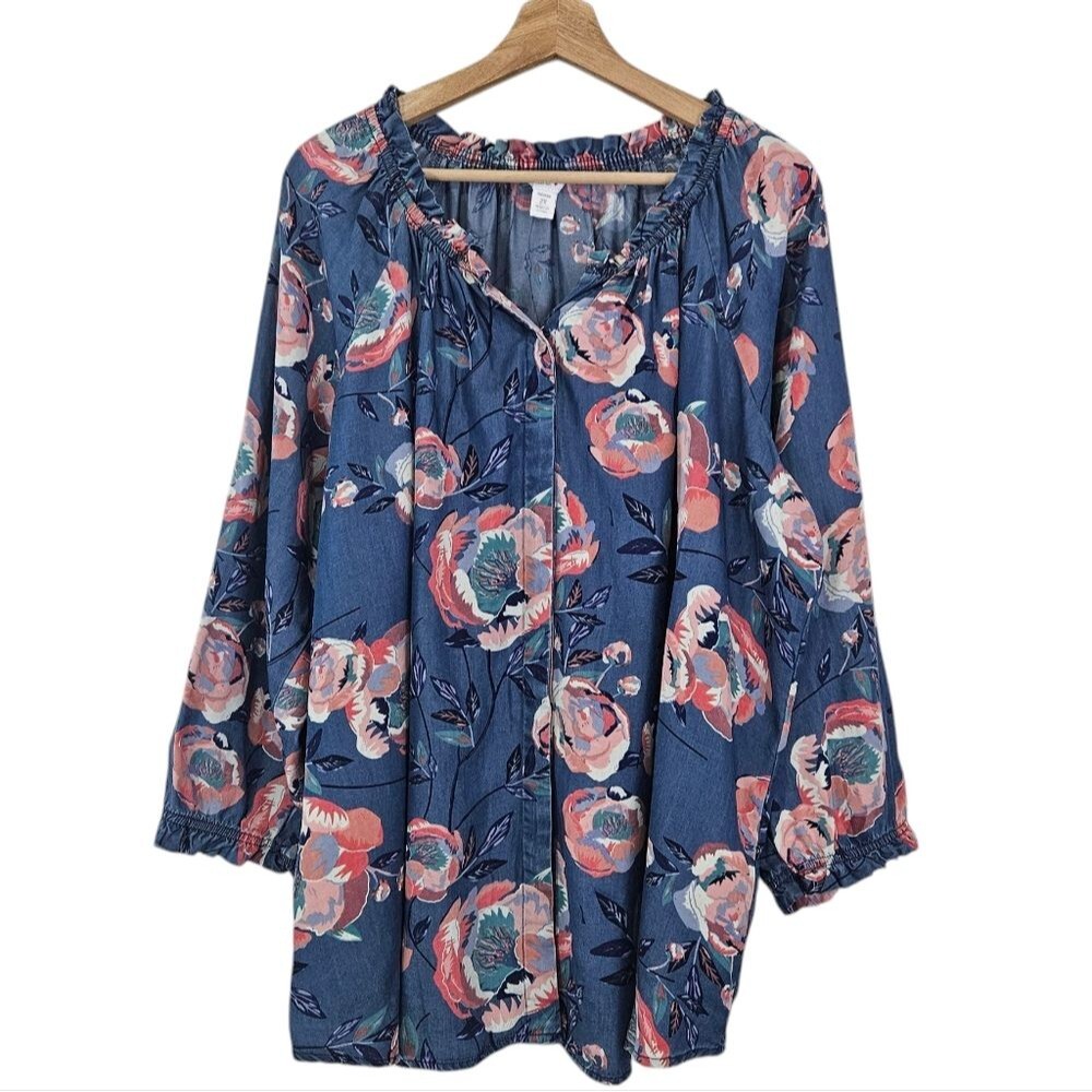 Intro Lyocell Floral Peasant Blouse Top 2X